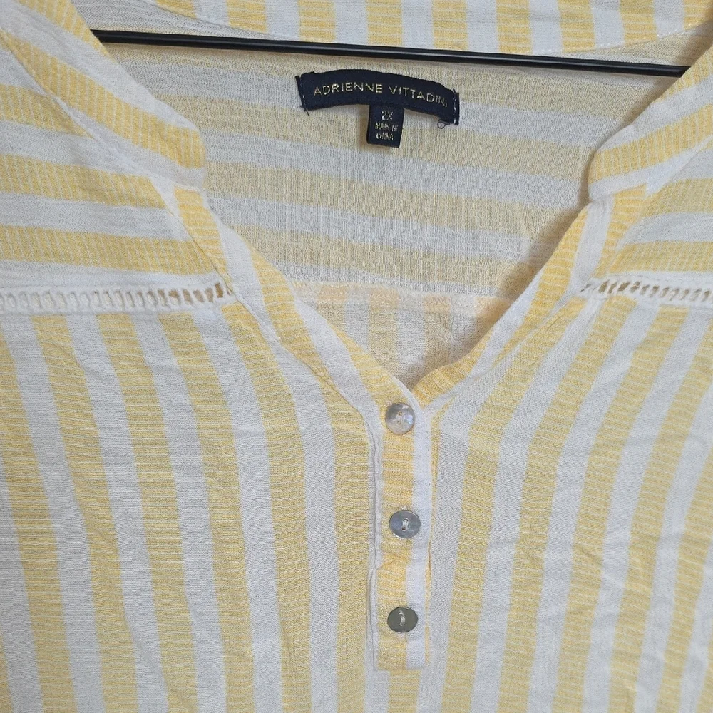 Adrienne Vittadini Blouse Yellow White Stripe Women 2X Boho Henley Peasant Lagen - Picture 5 of 7
